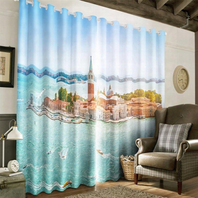 3d Graceful Island With Buildings Printed Artificial  Scenery 2 Panels Grommet Top Curtain