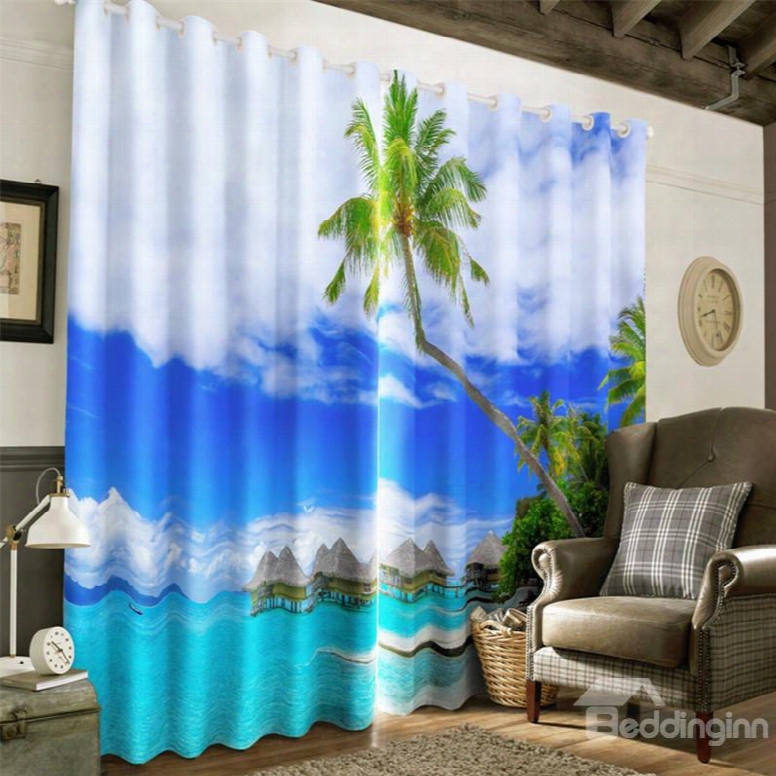 3d Green Palm Trees And Blue Sea And Clear Sky Printed Natural Beauty Window Curtain