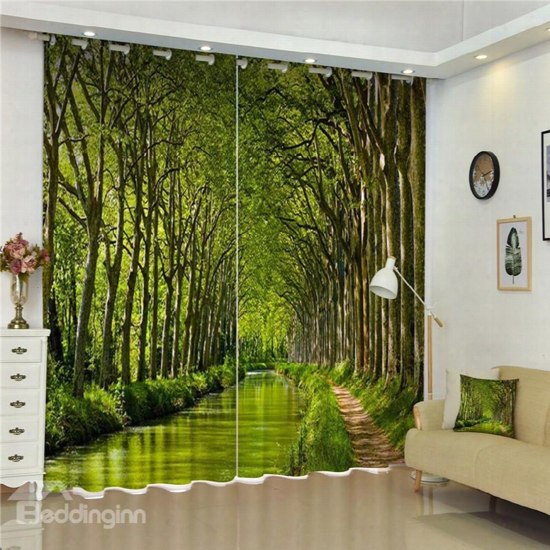 3d Green Towering Trees And Small Road Printed Thick Polyester Wonderful Scenery Bed Room Curtains