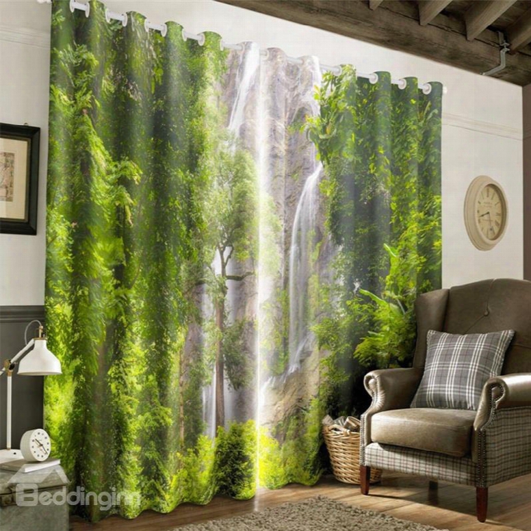 3d Green Trees And Torrential Waterfalls Printed 2 Panels Decorative And Blackout Curtain