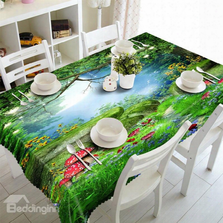 3d Green Trees Red Mushroom And Sunflowers Printed Fantastic Scenery Home Table Cover