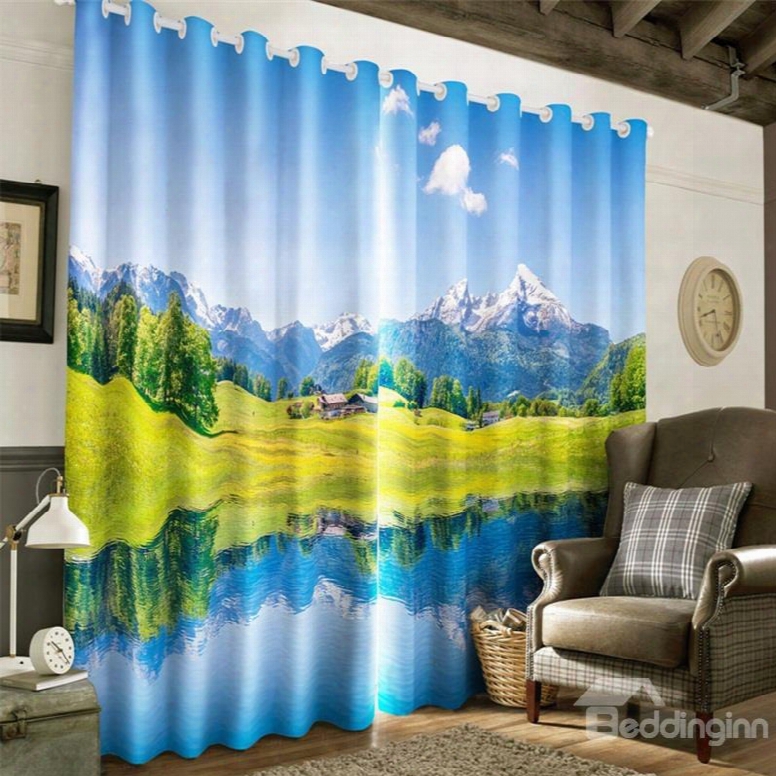 3d High Ice-berg And Lush Grassland Printed 2 Panels Living Room Decorative Curtain