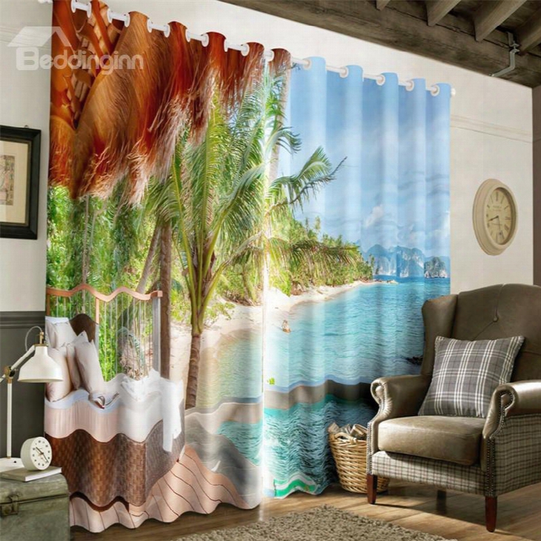 3d Leisure Sofas In The Seaside With Green Palm Trees Printed Living Room Window Curtain