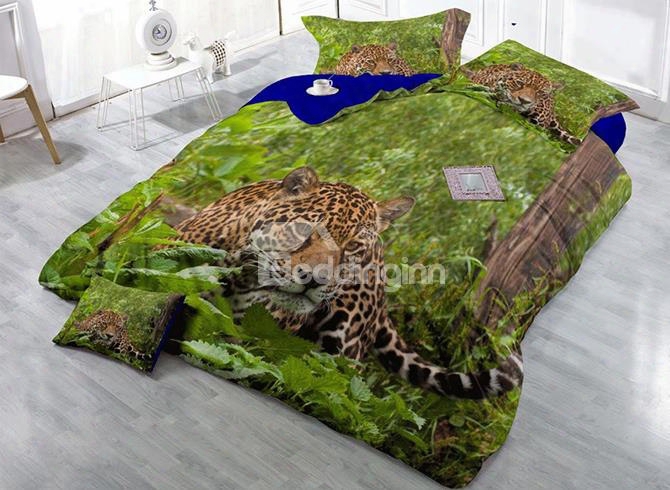 3d Leopard In Green Jungle Printed Cotton 4-piece Bedding Sets/duvet Cover