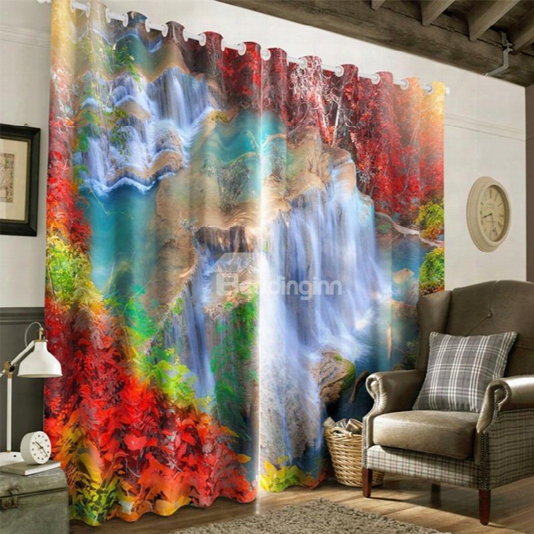 3d Limpid Waterfalls And Red Leaves Printed Living Room And Bedroom Window Drapes