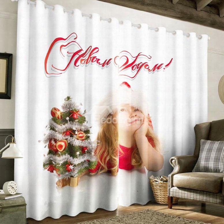 3d Lovely Baby And Christmas Tree Printed Decorative And Blackout Custom Curtain