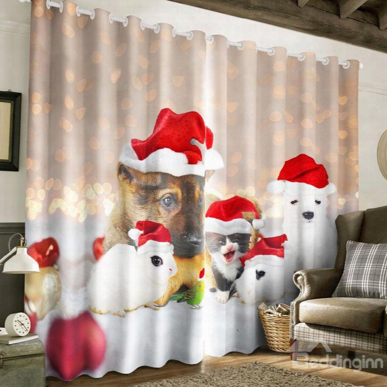 3d Lovely Dog Kitty And Rabbit Printed Christmas Polyester Custom Living Room Curtain