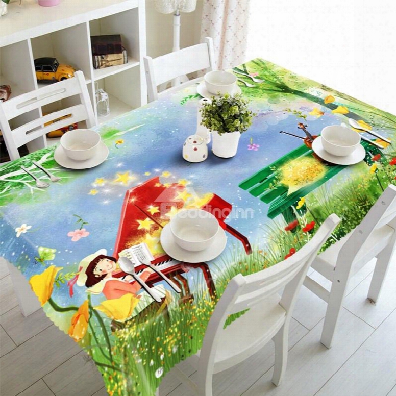 3d Lovely Girl And Piano With Beautiful Flowers Printed Table Cloth