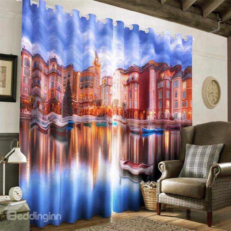 3d Majestic Buildings And Limpid Pond Printed 2 Panels Custom Living Room Curtain