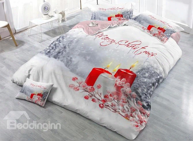 3d Merry Christmas Candles In Snow Printed Cotton 4-piece Bedding Sets/duvet Cover
