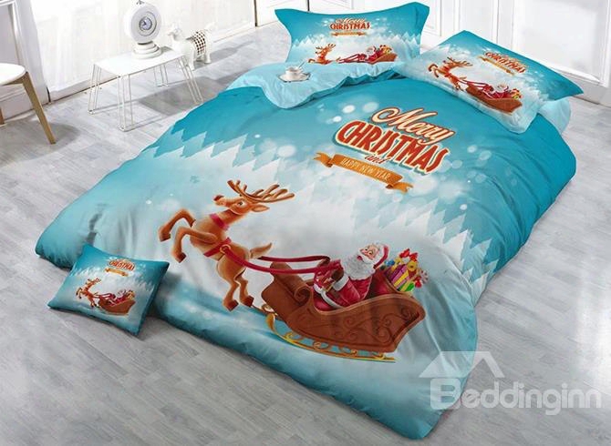 3d Merry Christmas Santa Sleigh Reindeer Cotton-wool 4-piece Bedding Sets/duvet Covers