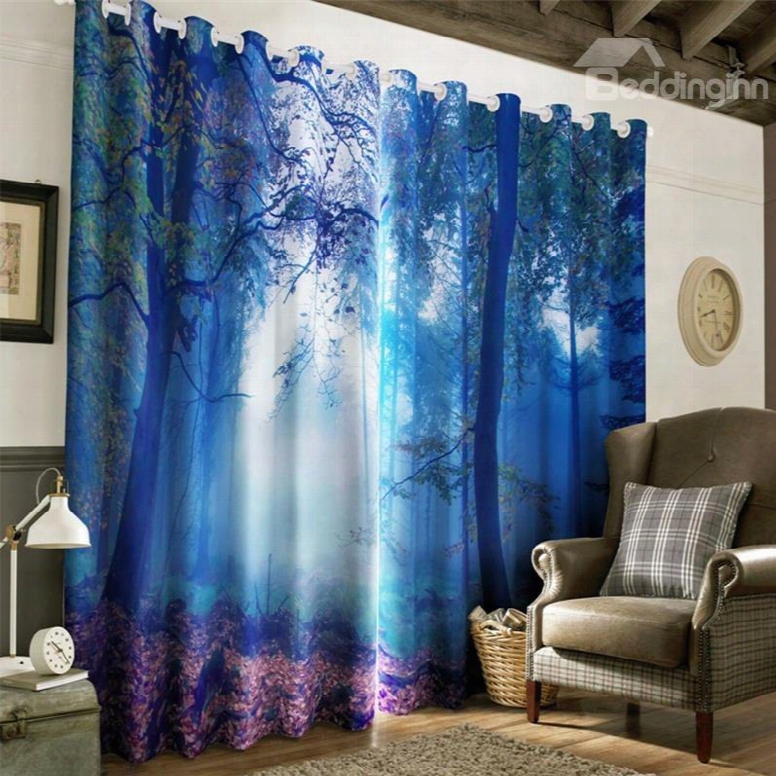 3d Misty Forest Shadowy Scenery Printed Living Room And Study Room Window Curtain