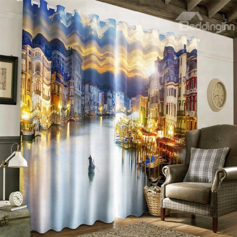 3d Modern Buildings In The River Side Printed 2 Panels Decorative Custom Curtain