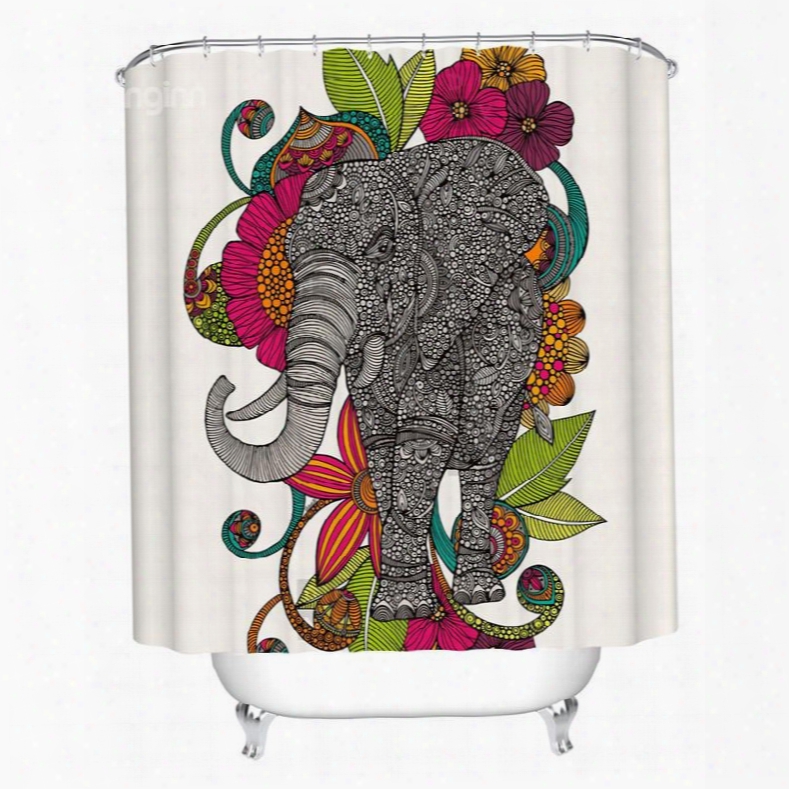 3d Mouldproof Elephant And Colorful Flower Printed Polyester Bathroom Shower Curtain