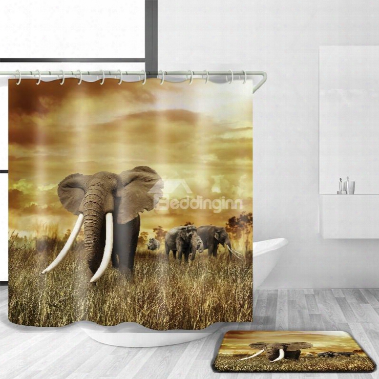 3d Mouldproof Elephant In Field Printed Polyester Yellow Bathroom Shower Curtain