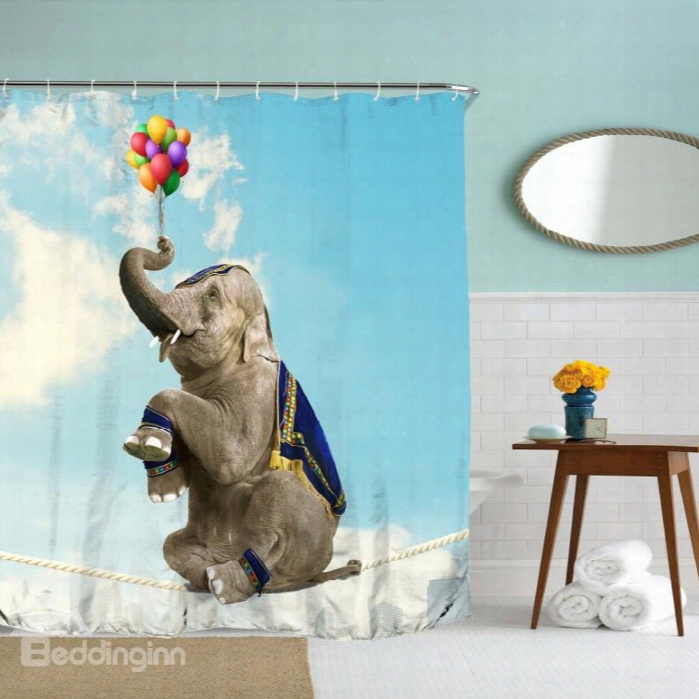 3d Mouldproof Sitting Elephant And Balloon Printed Polyester Bathroom Shower Curtain