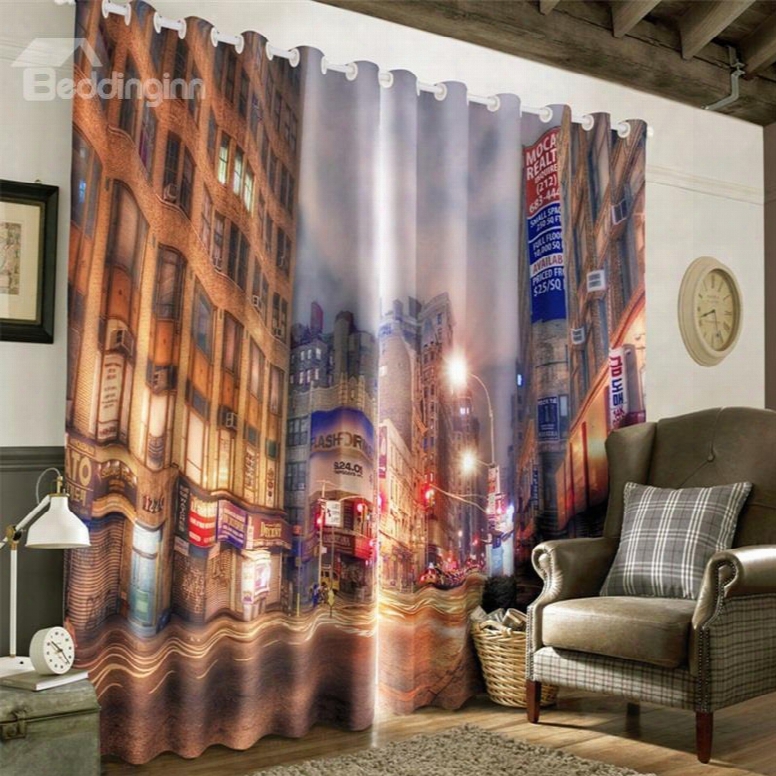 3d Noisy Night City Street Printed Modern Style 2 Panels Decorative Custom Living Room Curtain