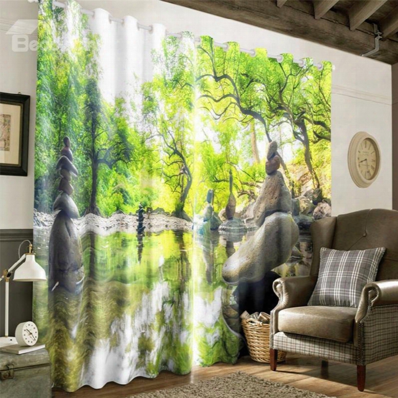 3d Peaceful Lake And Verdant Leaves Printed Natural Style 2 Panels Decorative Curtain