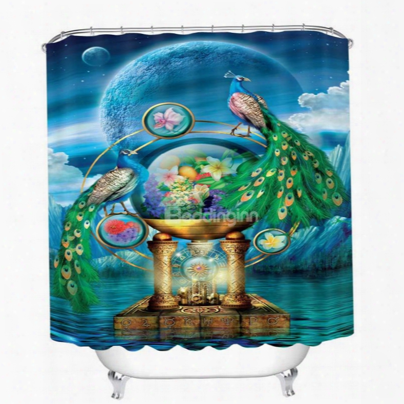 3d Peacock Couple And The Earth Printed Polyester Blue Shower Curtain