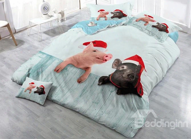 3d Piggies Wearing Christmas Hats Cotton 4-piece Bedding Sets/duvet Covers