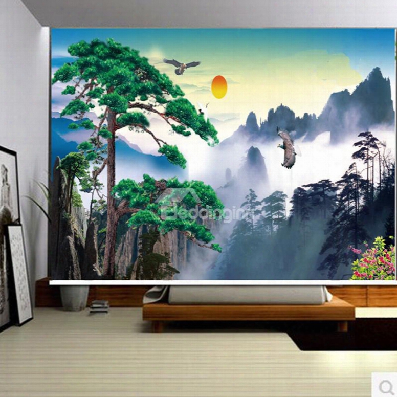 3d Pine And Mountain With Gooses Printed Natural Scenery Polyester Curtain Roller Shade