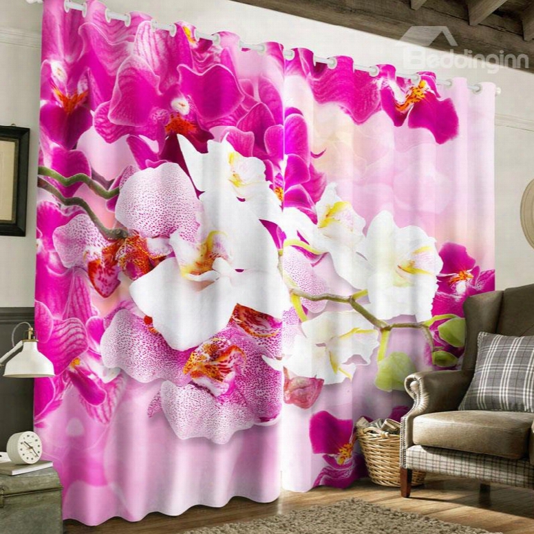3d Pink And Beige Flowers Printed 2 Panels Grommet Top Curtain For Living Room