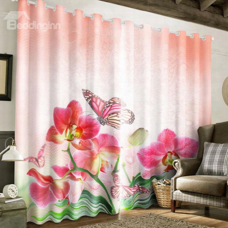 3d Pink Flowers And Butterflies Printed Custom Living Room Window Drape