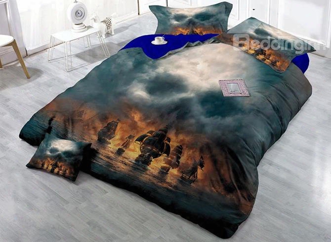 3d Pirate Ships And Skull Printed Cotton 4-piece Bedding Sets/duvet Cover