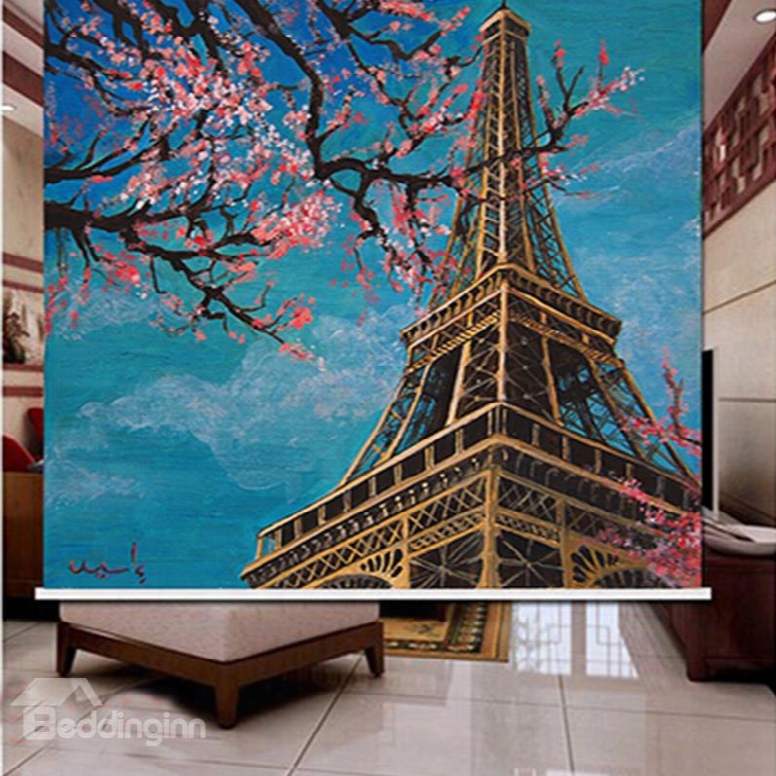 3d Plum Blossoms And Tower Printed Adorning Polyester Curtain Roller Shade