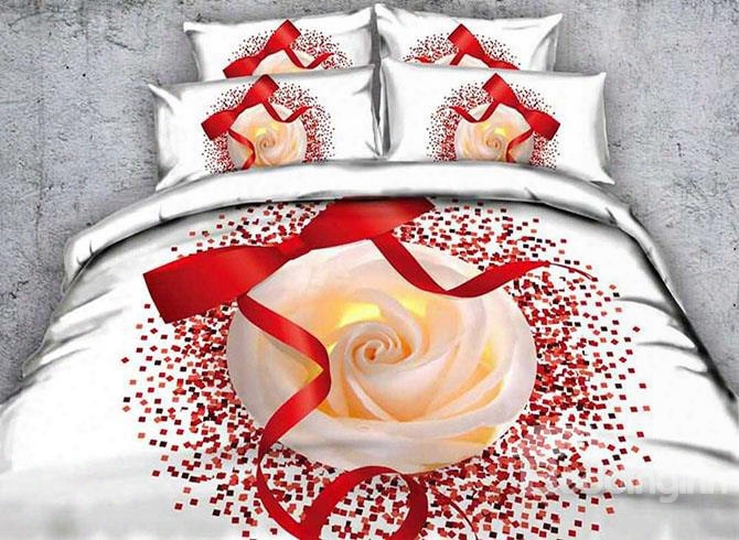 3d Red Ribbon And Rose Printed Cotton 4-piece White Bedding Sets/duvet Covers