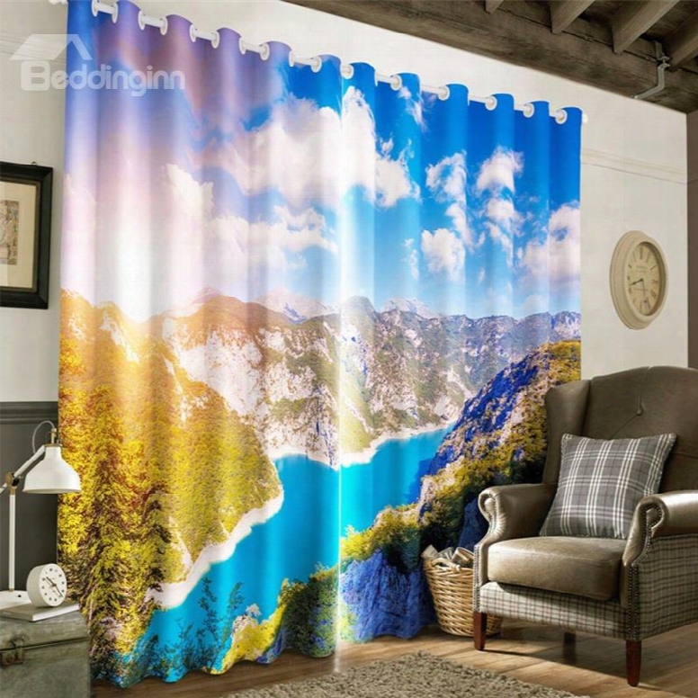 3d Rolling Mounttains And Limpid River Printed Room Darken Thermal Insulated Room Curtain