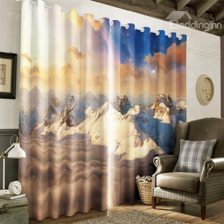 3d Rolling Snowy Mountains And Soft Sunlight Printed 2 Panels Living Room Curtain