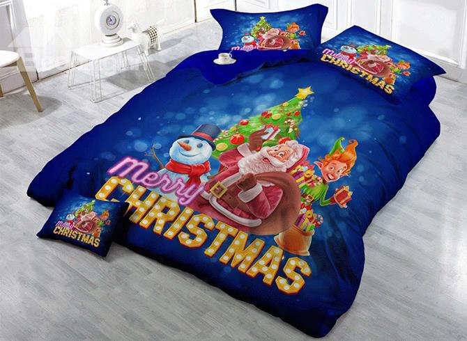 3d Santa Claus And Christmas Snowman Printed Cotton 4-piece Bedding Sets/duvet Covers