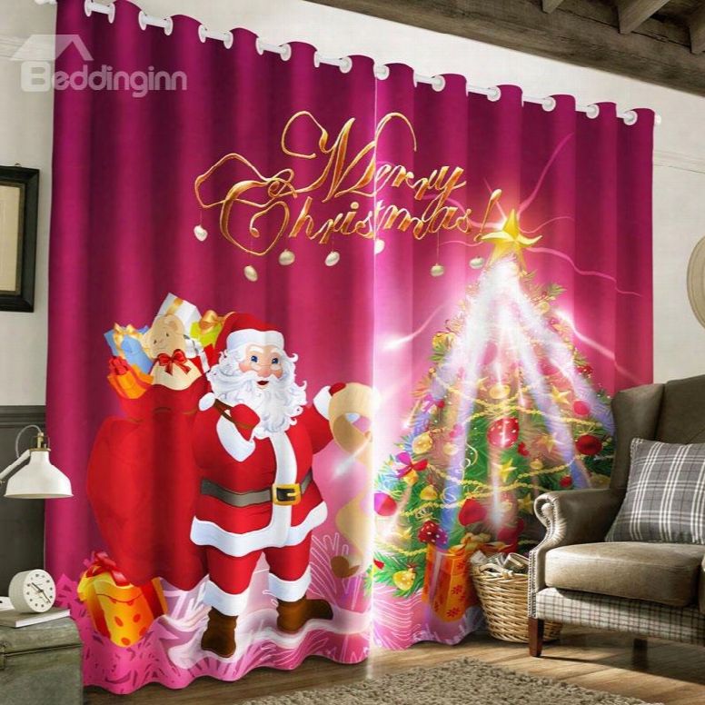 3d Santa Claus And Christmas Tree Printed 2 Panels Custom Window Drape