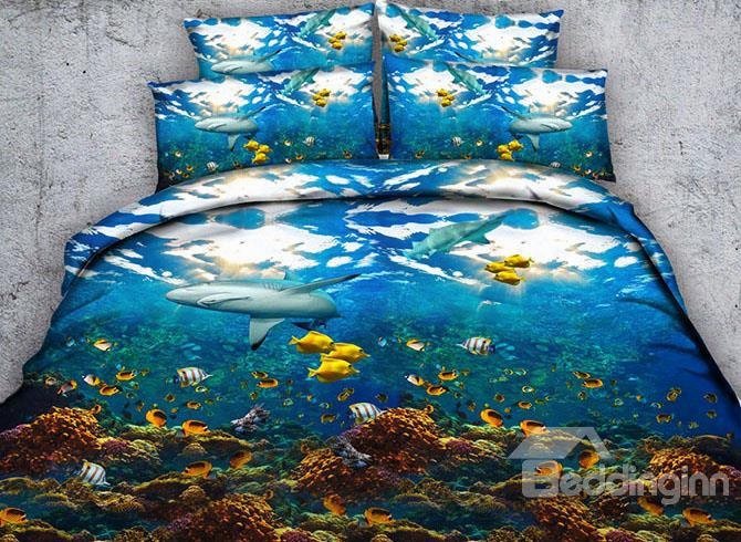 3d Shark And Colorful Fish Printed 4-piece Bedding Sets/duvet Covers
