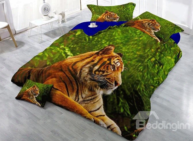 3d Tiger Lying In Green Jungle Printed Cotton 4-piece Bedding Sets/duvet Cover