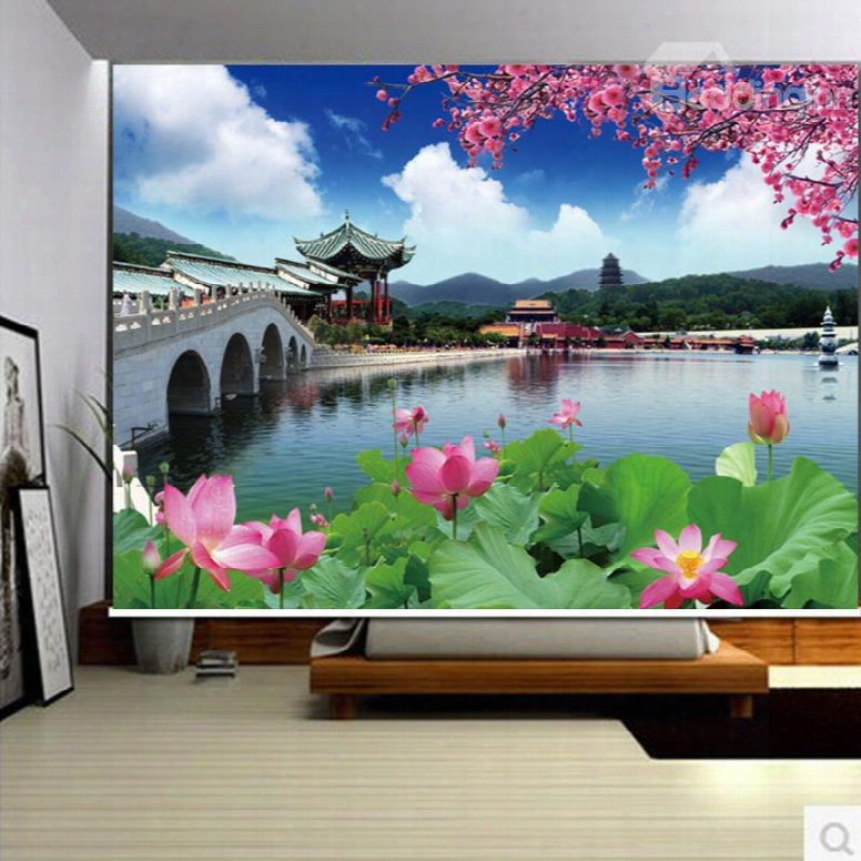 3d Unique Buildings And Blooming Lotus Printed Chinese Style Decoration Curtain Roller Shade