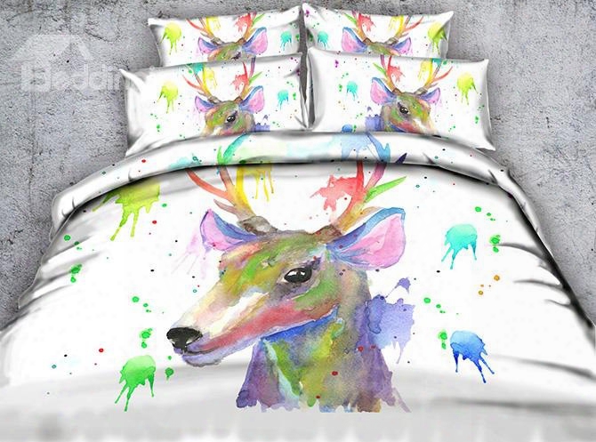 3d Watercolor Deer Printed 4-piece White Bedding Sets/duvet Covers