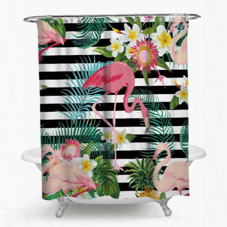 3d Waterproof Flamingos And Stripes Printed Polyester Shower Curtain