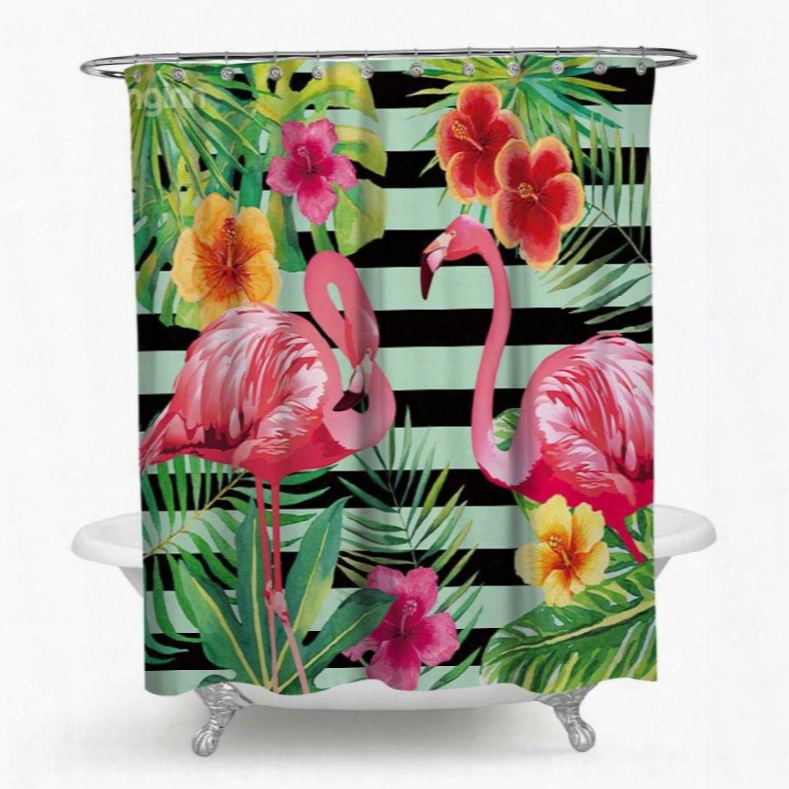 3d Waterproof Flamingos Flowers And Stripes Printed Polyester Shower Curtain