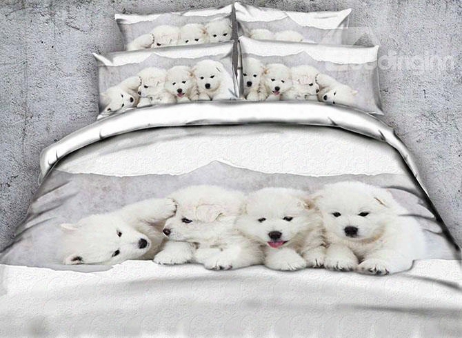 3d White Puppies Printed Cotton 4-piece Bedding Sets/duvet Covers