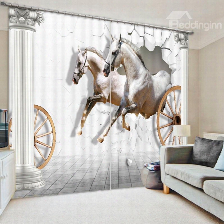 3d White Running Horses Printed Animal Style Decoration An D Blackout Polyester Curtain