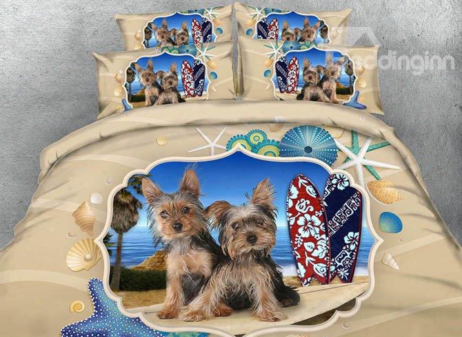 3d Yorkshire Terrier And Beachscaape Printed 5-piece Comforter Sets