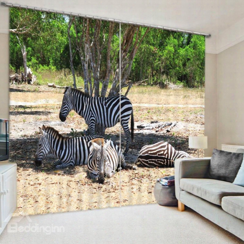 3d Zebras Under T He Green Tree Printed Polyester 2 Pieces Decorative And Shading Curtain