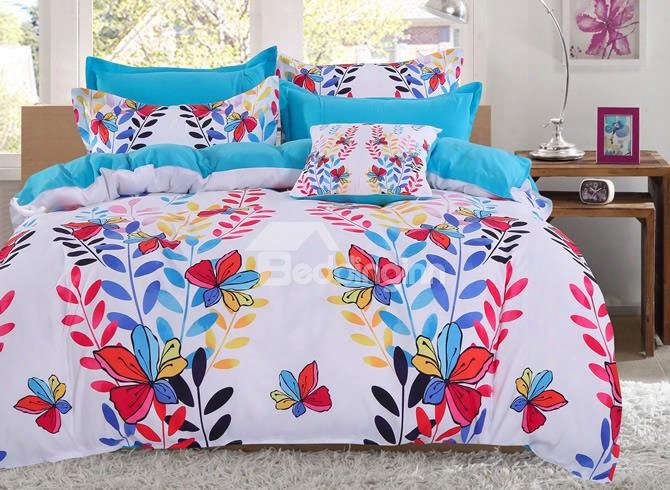 Adorila 60s Brocade Colorful Butterflies And Leaves Strings Pattern 4-piece Cotton Bedding Sets