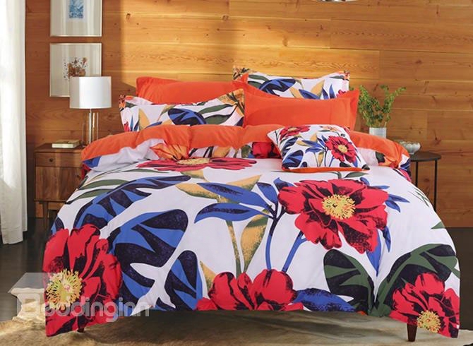 Adorila 60s Brocade Orange Cosmos Flowers Pastoral Style Cotton 4-piece Bedding Sets