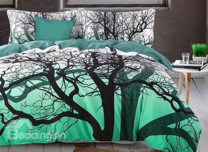 Adorila 60s Brocade Tree Branches Cluster Printed Green 4-piece Cotton Bedding Sets