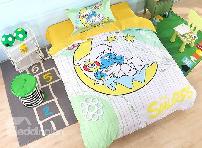 Baby Smurf With Moon Yellow Stars Printed Twin 3-piece Kids Bedding Sets