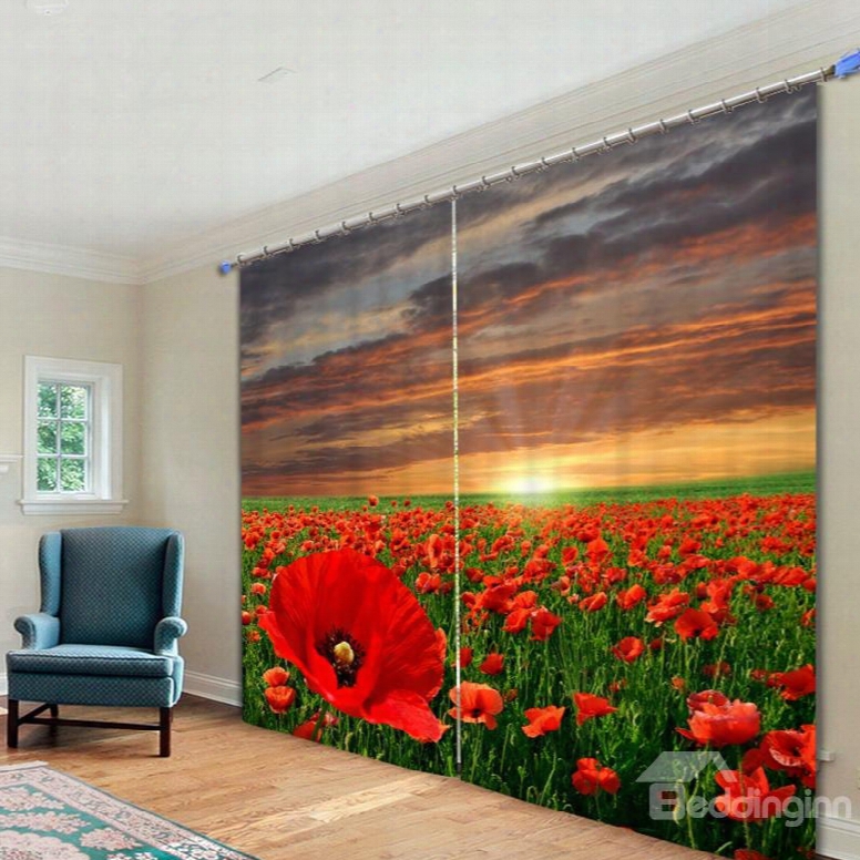 Beautiful Red Flower Sea 3d Printed Polyester Curtain