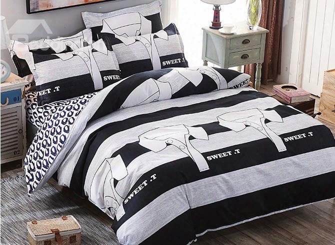Black And White Stripe T-shirts Prints Polyester 4-piece Boys Bedding Sets